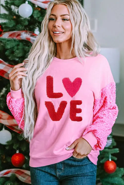 Pink Valentines LOVE Chenille Embroidered Sequin Sleeve Sweatshirt 