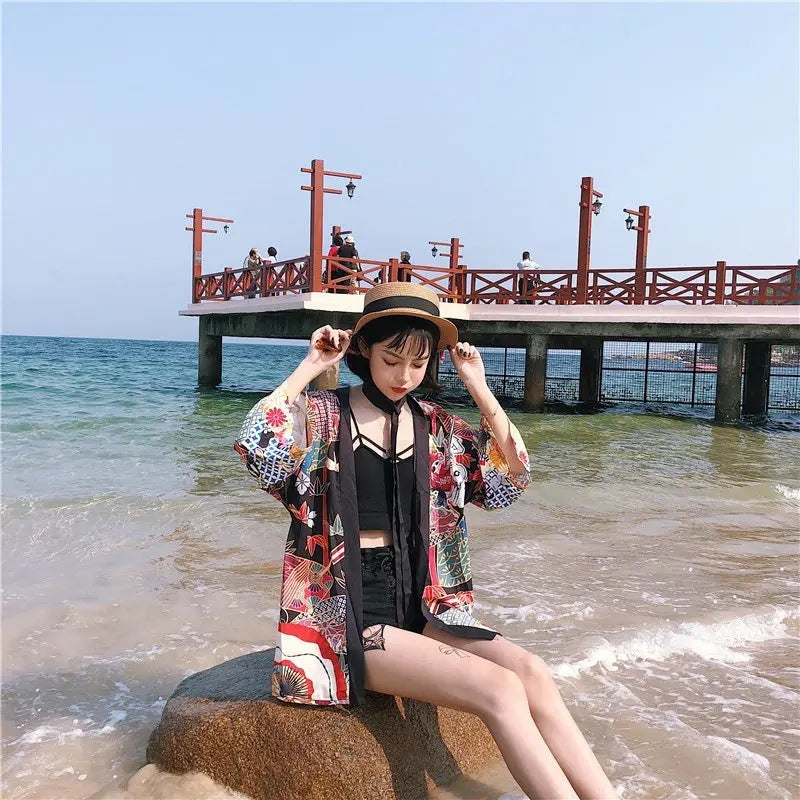 Loose Street Sun Protection Clothing Middle Sleeve Graffiti Kimono Travel Thin Coat 