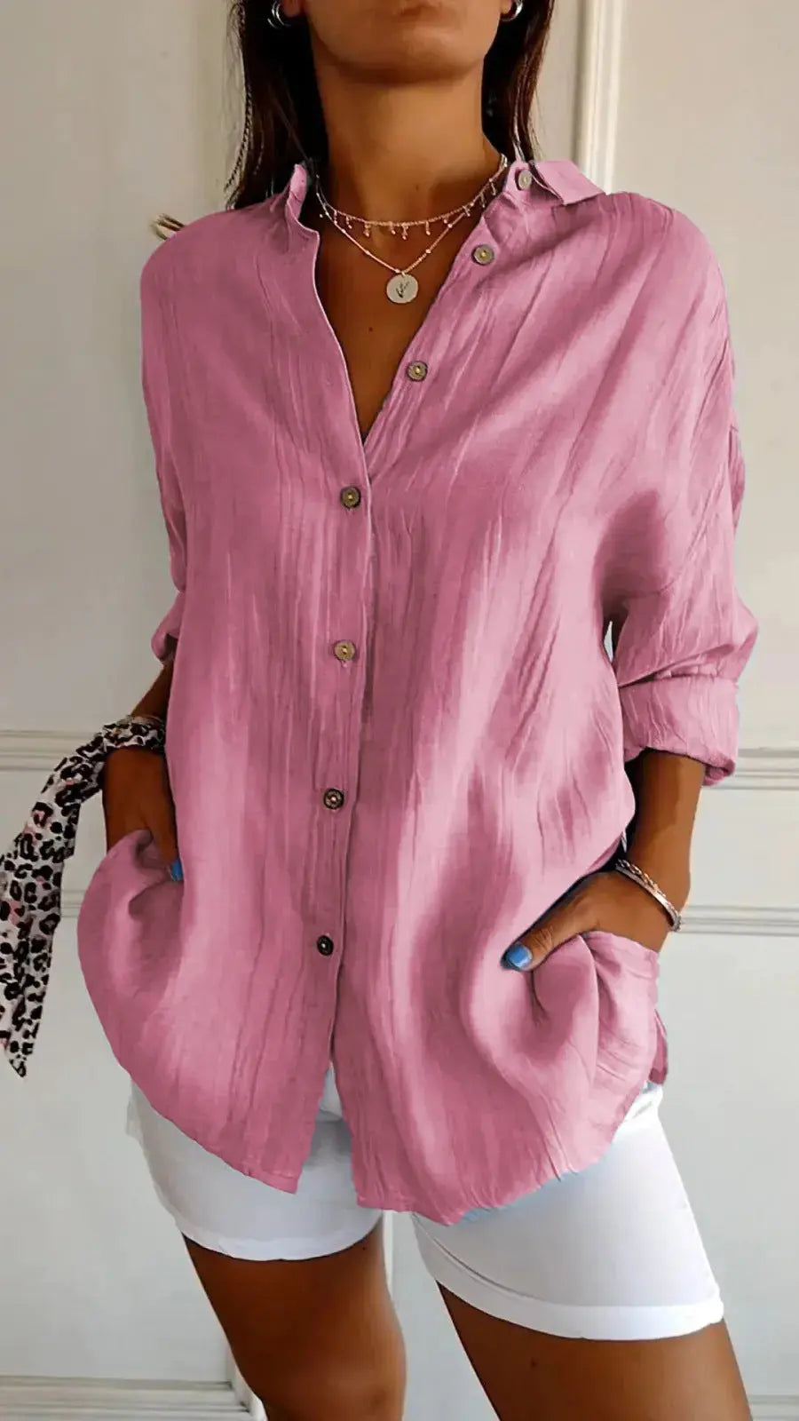 Lapel Long Sleeve Shirt Women's Single-breasted Pleated Shirt 
