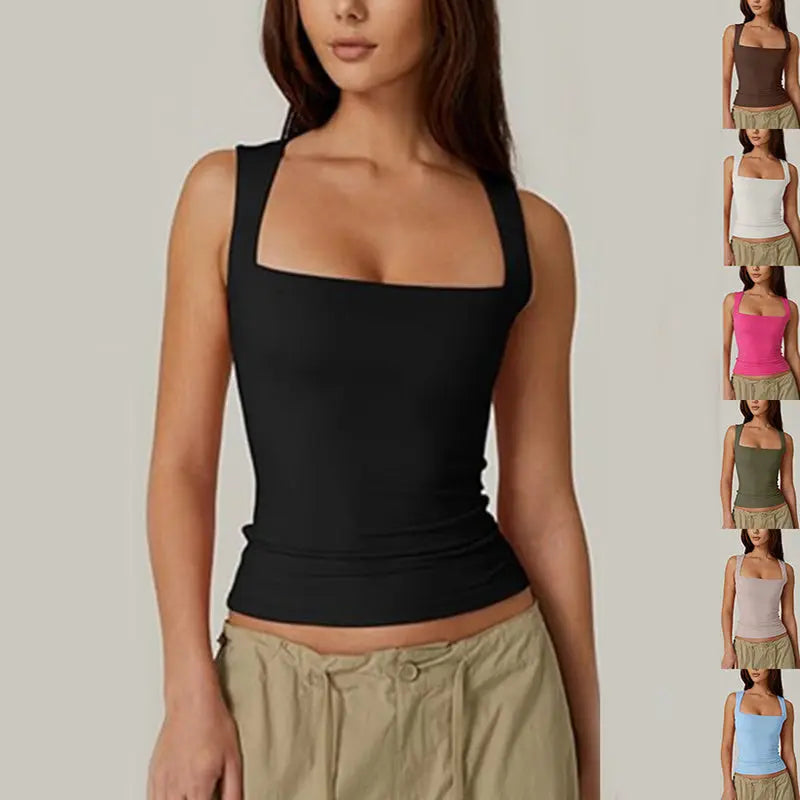 Summer Square-neck Tank Vest Ins Fashion Slim Solid Sleeveless Tops For Women Clothing 