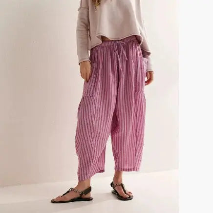 Striped Straight-leg Pants Elastic Waist Cropped Pleated Pants 