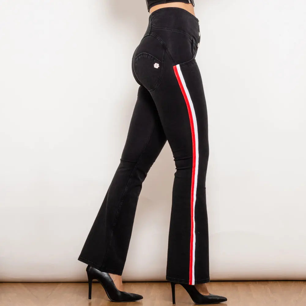 Shascullfites Melody Black Striped Flared Lift Jeggings Button Up Jeans Shaping Jeans Women High Waist Flare Jeans 