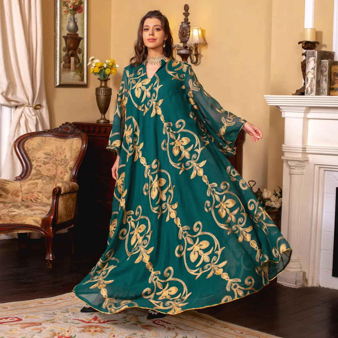 Arab Dubai Embroidered Mesh Dress European Muslim Party Dinner Fashion 