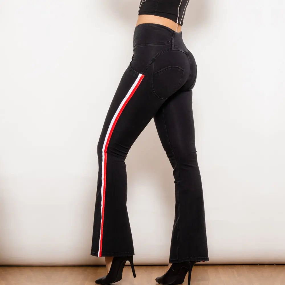 Shascullfites Melody Black Striped Flared Lift Jeggings Button Up Jeans Shaping Jeans Women High Waist Flare Jeans 