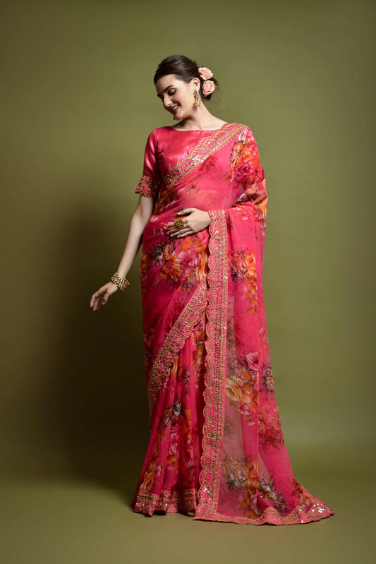 Floral Print Saree with Scalloped Border 