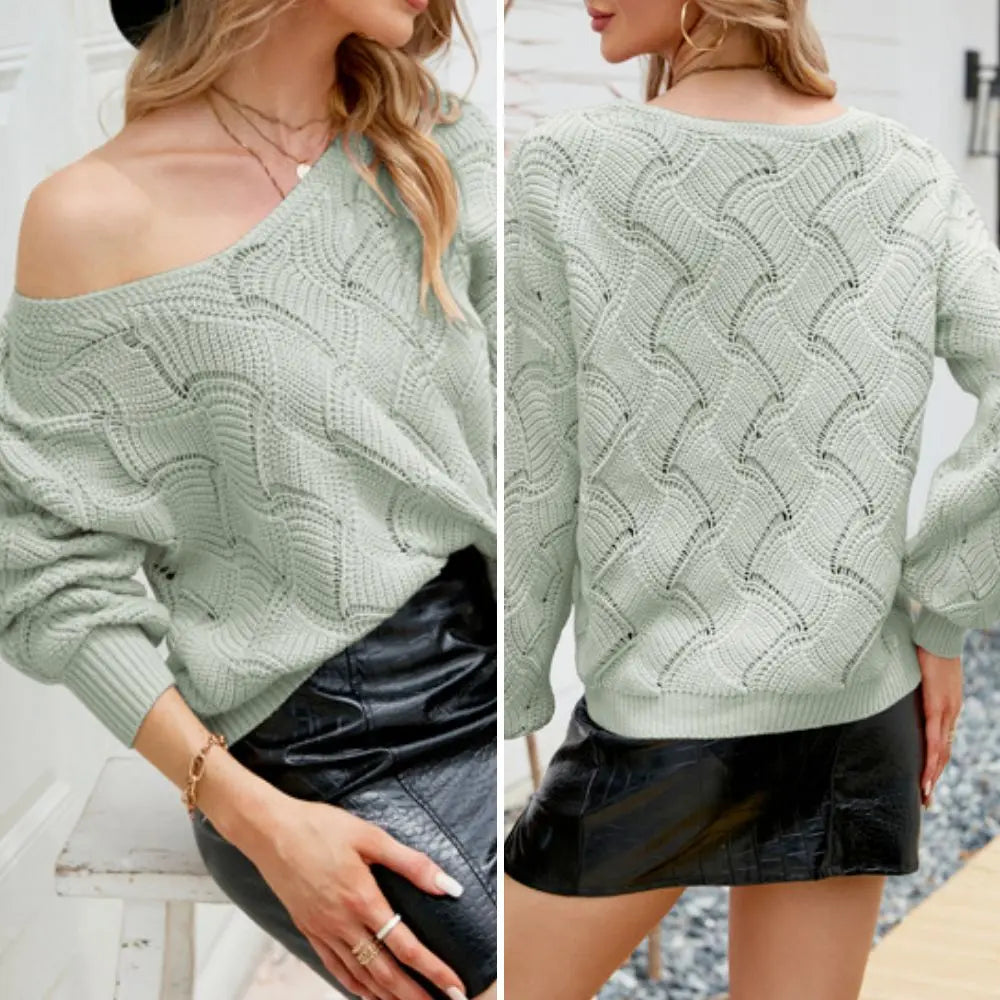Womens V-Neck Open Knit Sweater 