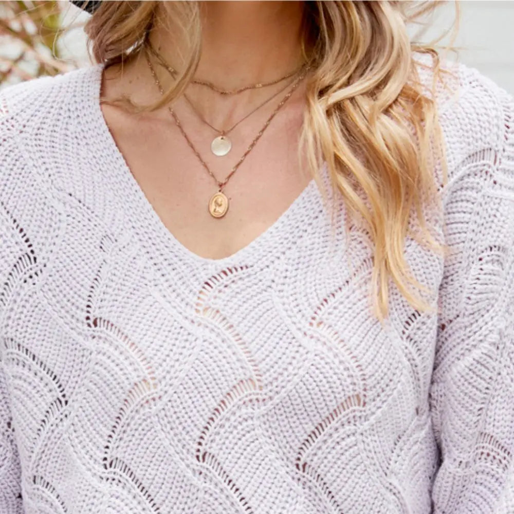 Womens V-Neck Open Knit Sweater 