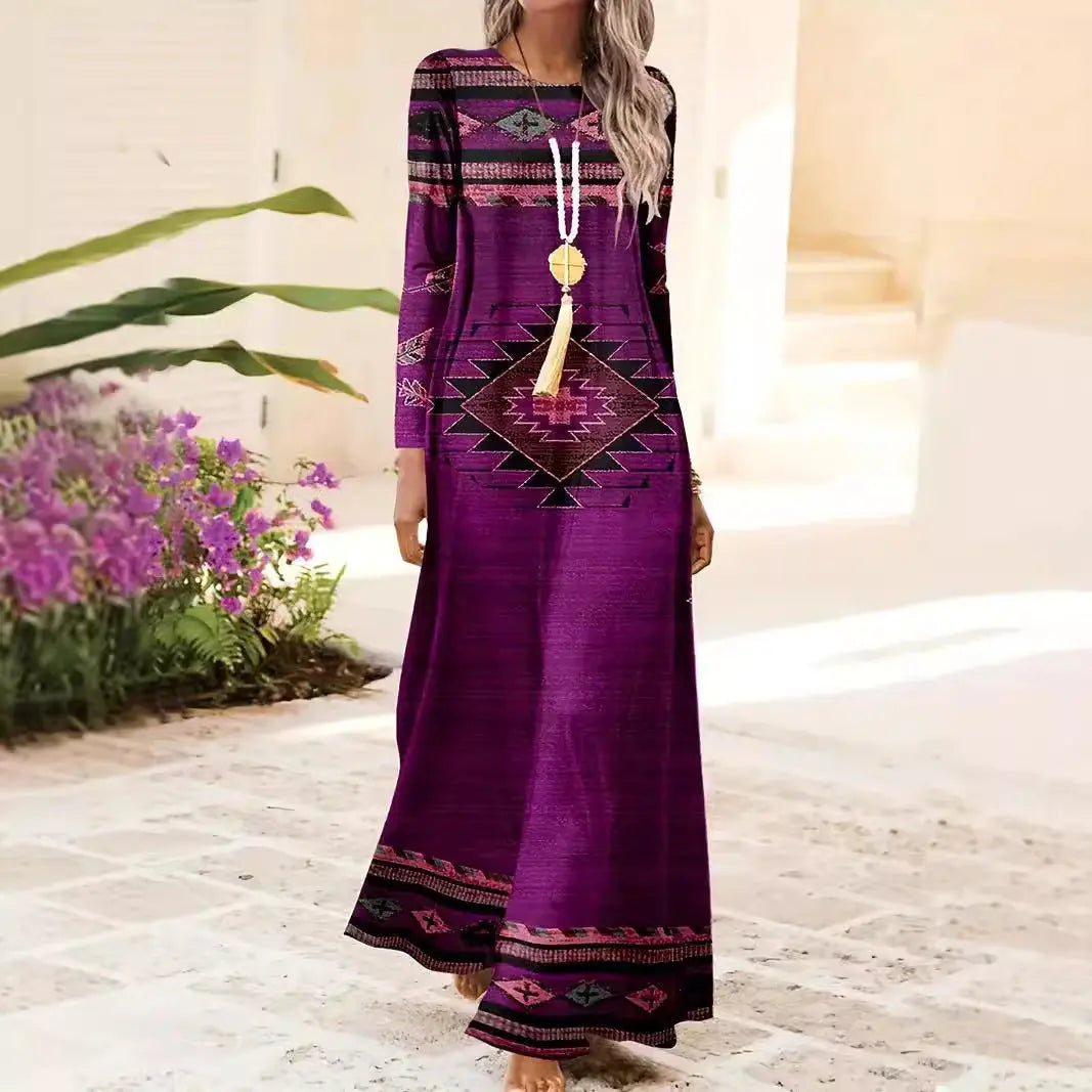 European And American Long Sleeve Artistic Retro Geometric Printed Round Neck Pullover Dress 