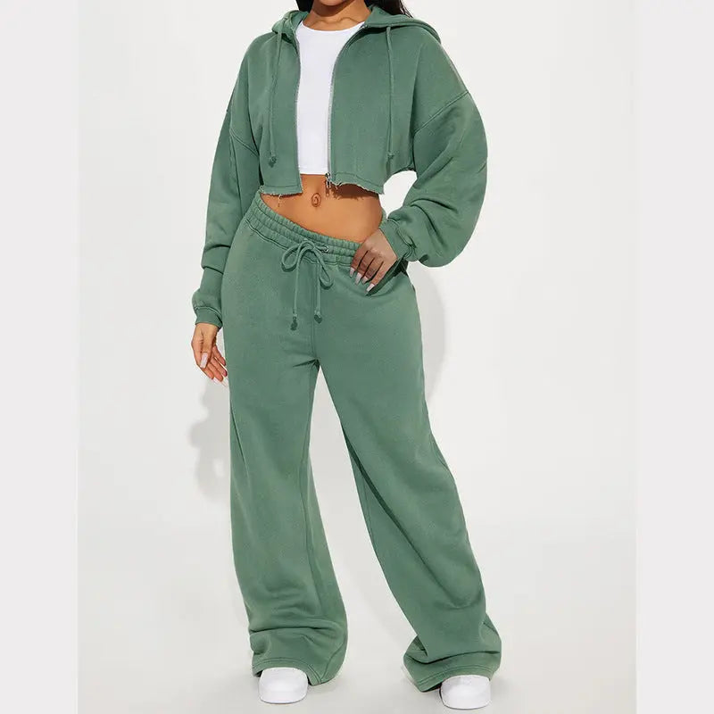 European And American Hooded Front Cardigan Zipper Sweater Wide Leg Loose Trousers Suit 