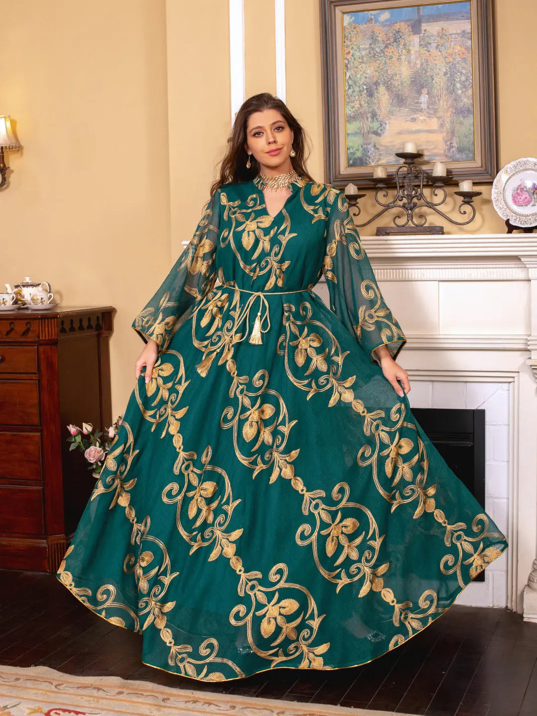 Arab Dubai Embroidered Mesh Dress European Muslim Party Dinner Fashion 
