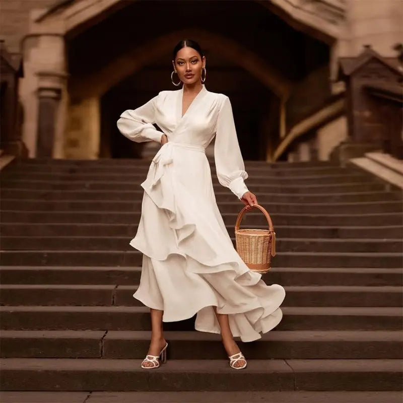 V-neck Prom Dress Long Sleeve Ruffles Long Prom Dress Elegant Dresses For Women White Satin Dress Layered Woman Clothes Casual 