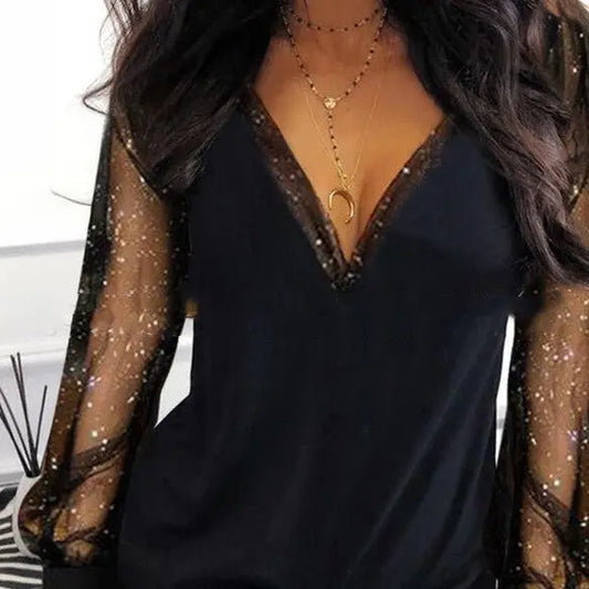 Elegant Top Stitching Mesh Silver Spray V-neck Pullover 