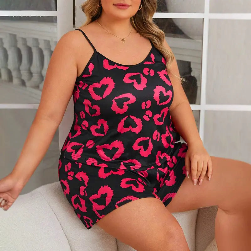 Casual Homewear Female Plus Size Heart Printing Suspender Shorts 