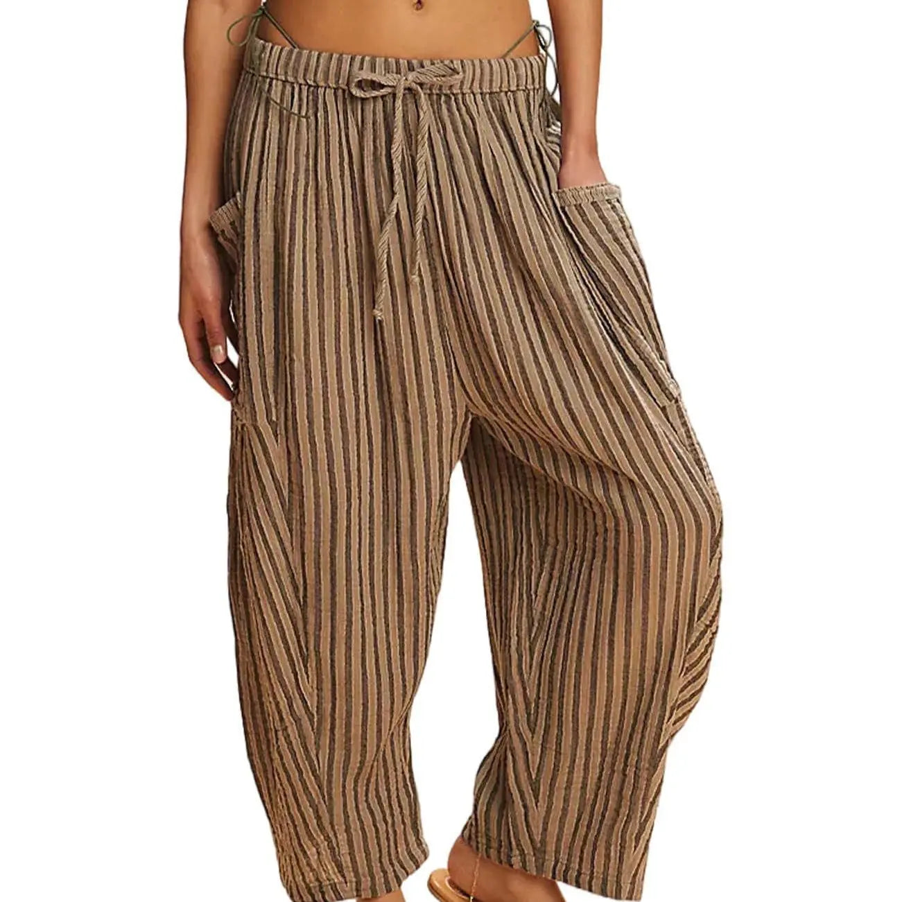 Striped Straight-leg Pants Elastic Waist Cropped Pleated Pants 