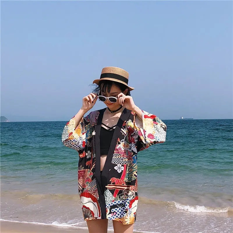 Loose Street Sun Protection Clothing Middle Sleeve Graffiti Kimono Travel Thin Coat 