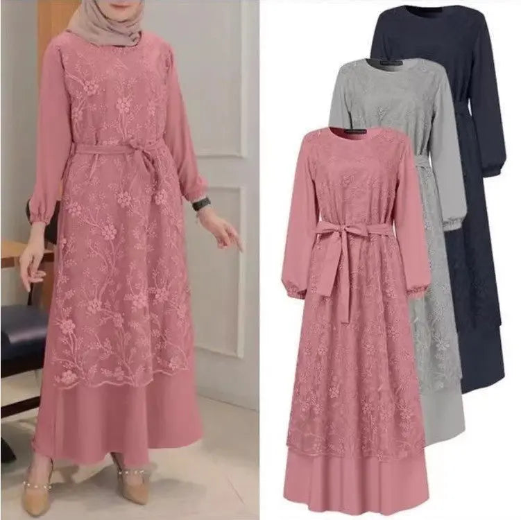 Muslim Round Neck Lace Floral Dress 
