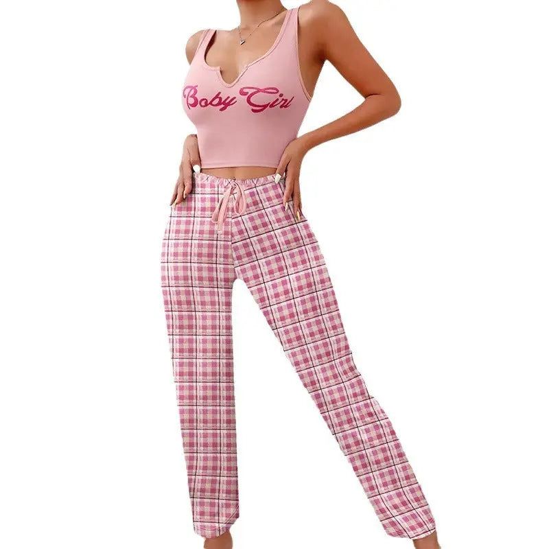 Spring Summer Women's Casual Pajamas Home Wear Vest Color Matching Plaid Trousers Letter Print Top Ladies 2 Pcs Home Clothes Sleepwear 