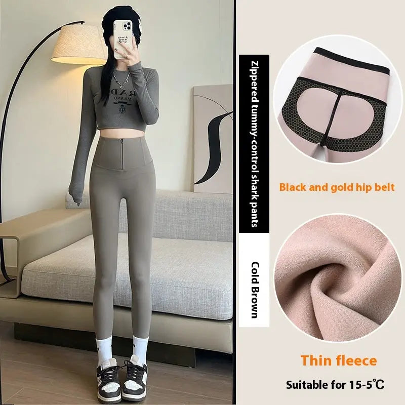 Belly-controlling Butt Lifting Leggings With Three-breasted Design Winter High Waist Slim Zippere Pants Warm Velvet And Thickened Trousers Women Clothing 