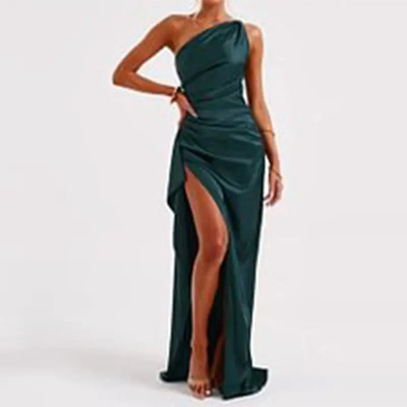 Sexy One-shoulder Backless Slit Dress Summer Elegant Slim-fit Solid Color Satin Dresses For Women 