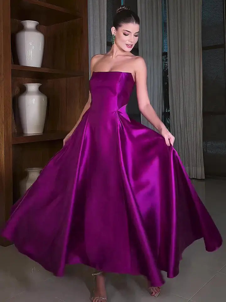 Satin Tube Top Full Skirt Dress 