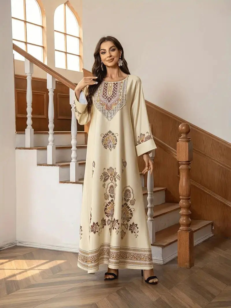 Elegant Floral Printed Abaya Middle Eastern Muslim Clothing For Women 