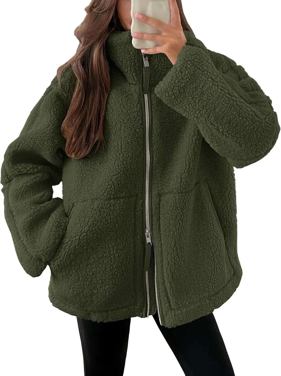 Winter Lapel Zip-up Coat With Pockets Casual Fashion 
