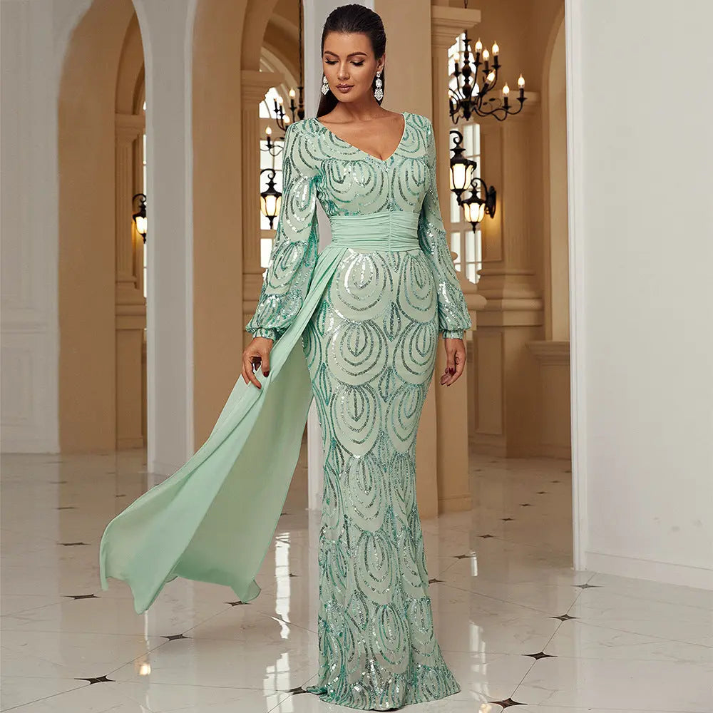 Long Sleeve Sexy Long Sequined V-neck Banquet Ribbon Evening Dress 