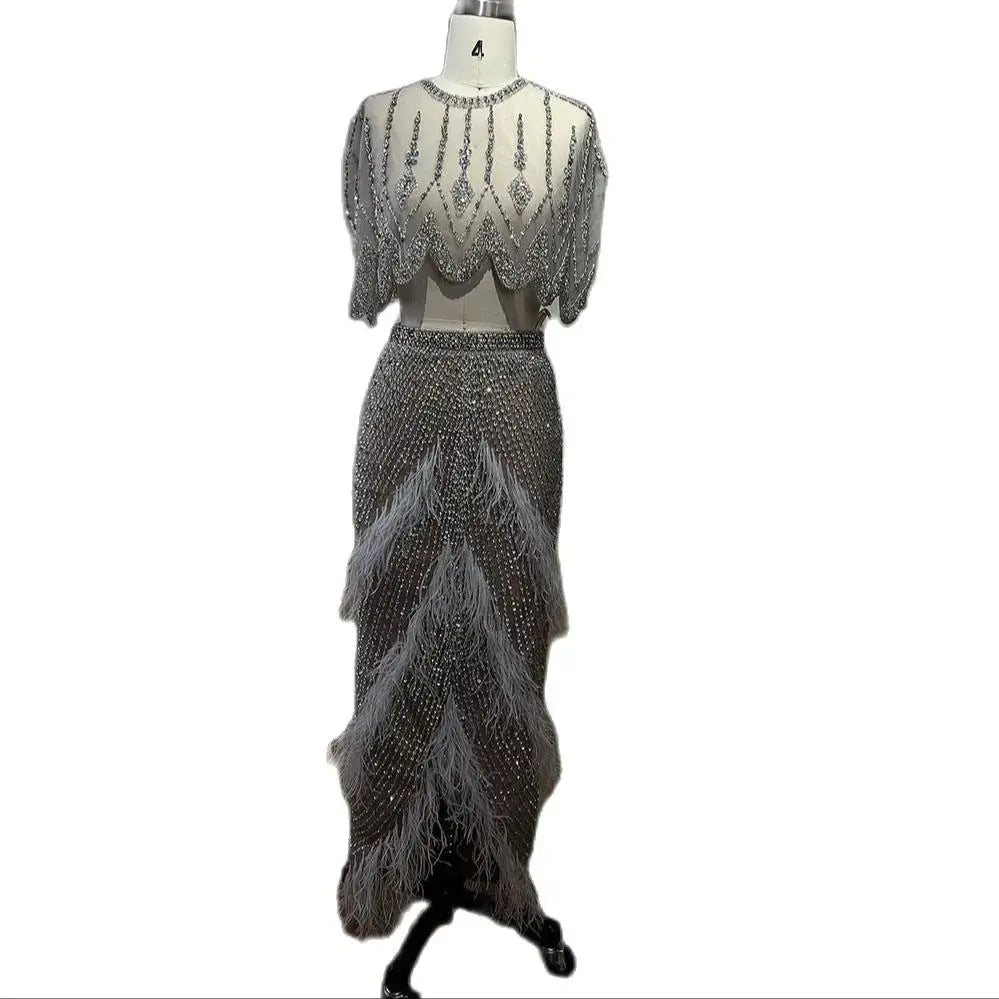 European And American Silver Nude Slim-fit Feather Shawl Host Performance Ladies' Evening Dress 
