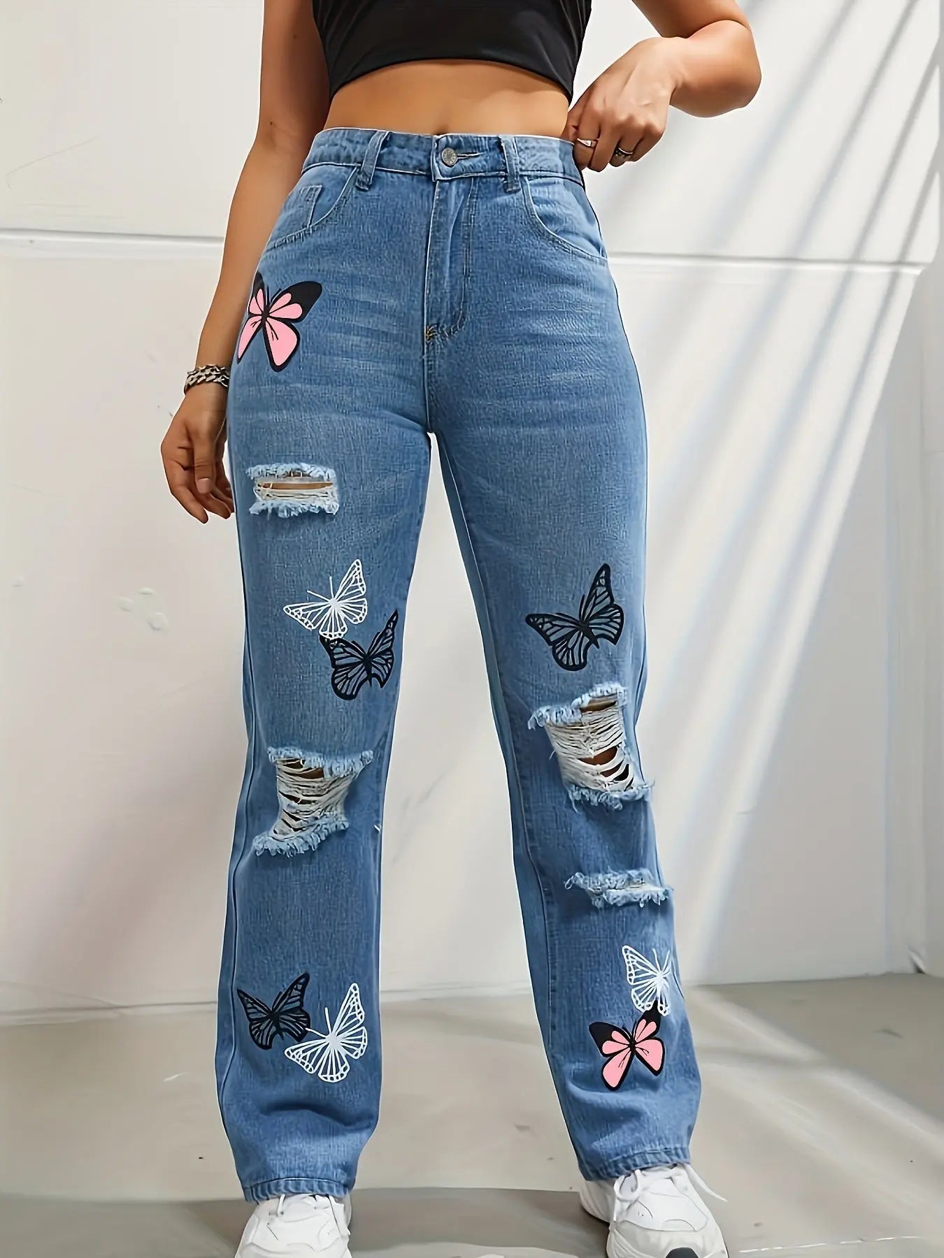 High Waisted Straight Leg Jeans For Women Trendy Butterfly Print Ripped Distressed Denim Pants 