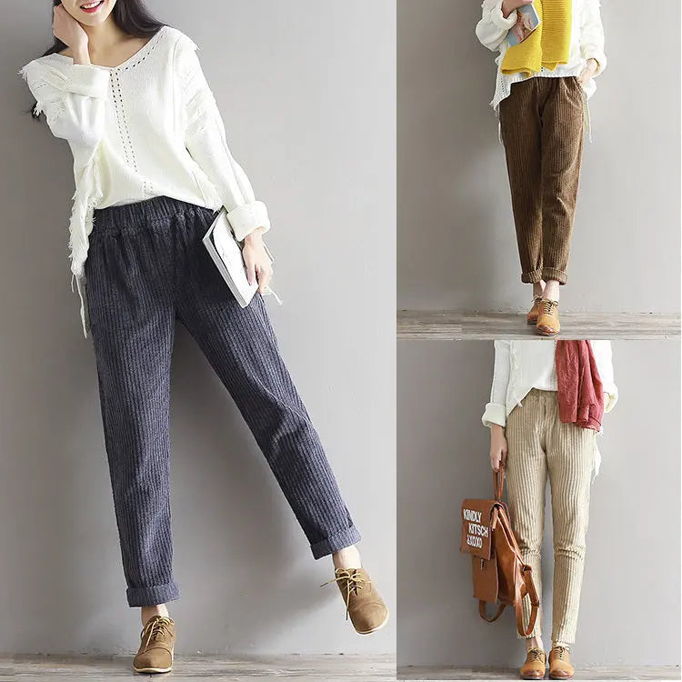Large Size Women's Art Fan Xian Thin Corduroy Pants Autumn And Winter Loose Casual Trousers 
