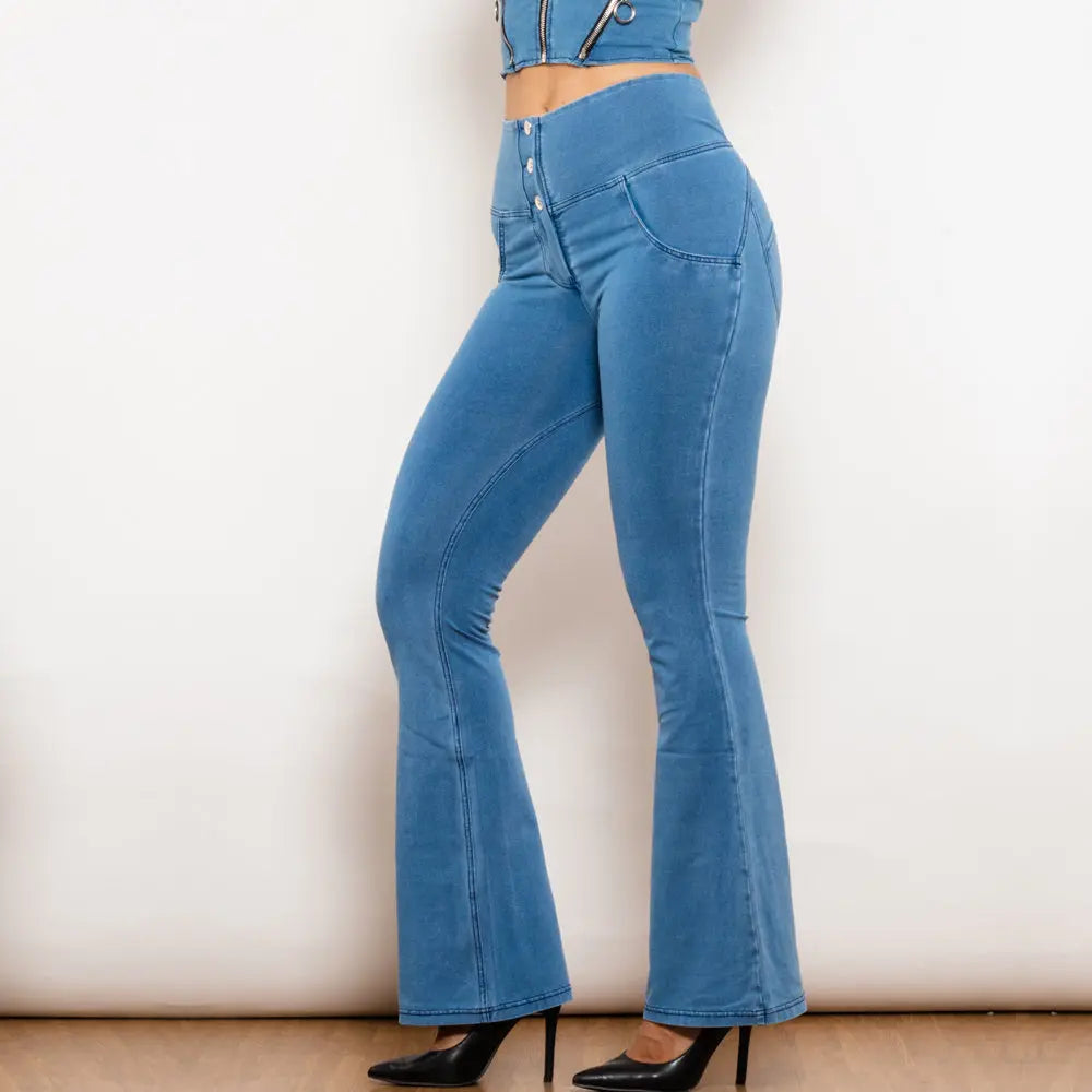Shascullfites Melody Light Blue Flared Lift Jeggings Button Up Jeans Shaping Jeans Women High Waist Flare Jeans 