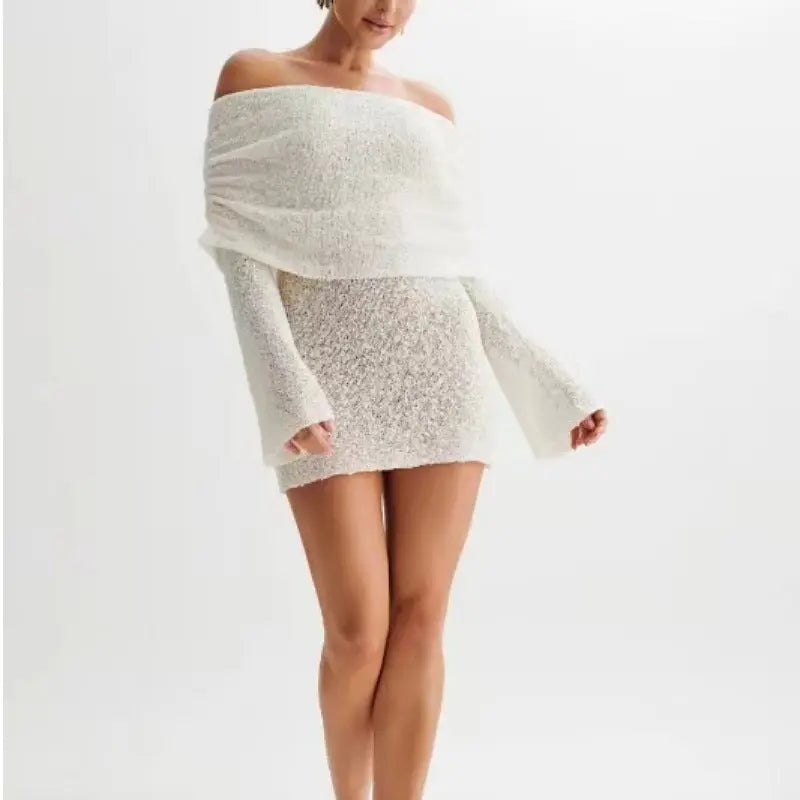Women's Spring Summer Knitted Dress Elegant Party Boat Neck Dress Infant Off Shoulder Bodycon Long Sleeve Fuzzy Short Club Chic Mini Dress 