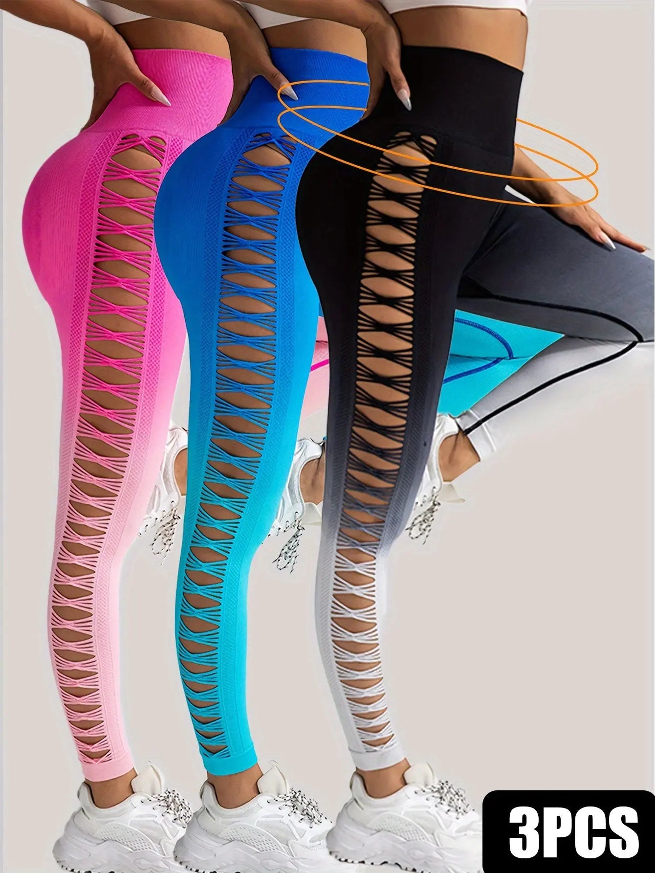 3 Pack Women's Gradient Color Butterfly Hollow High Waist Butt Lifting Long Fitness Pants 