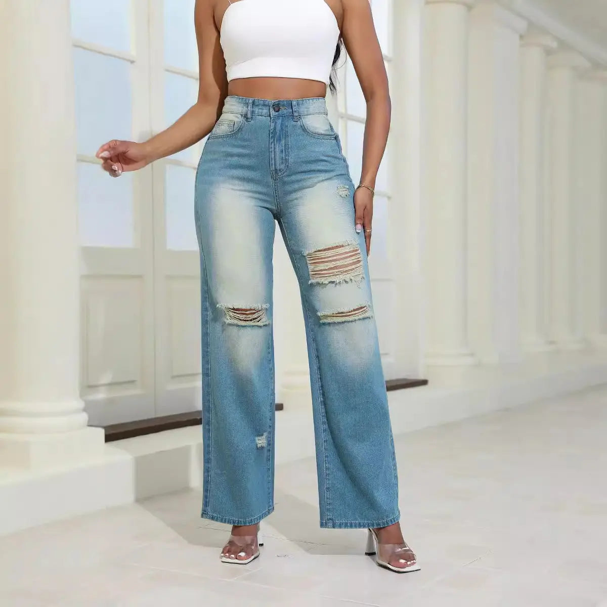 Fashion High Waist Ripped Jeans With Pockets Comfortable Slim Fit Trousers Straight Wide-leg Pants Womens Clothing 