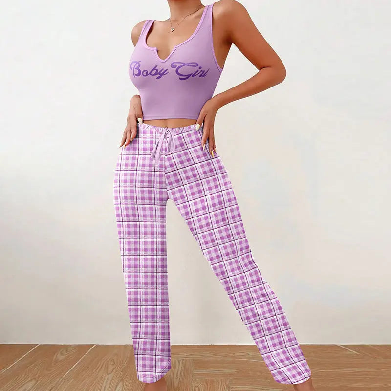 Spring Summer Women's Casual Pajamas Home Wear Vest Color Matching Plaid Trousers Letter Print Top Ladies 2 Pcs Home Clothes Sleepwear 