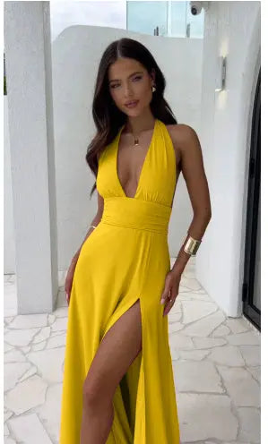 Sexy Halterneck V-neck Slit Dress Summer Backless Strappy Skirt Fashion Temperament Clothing Women 