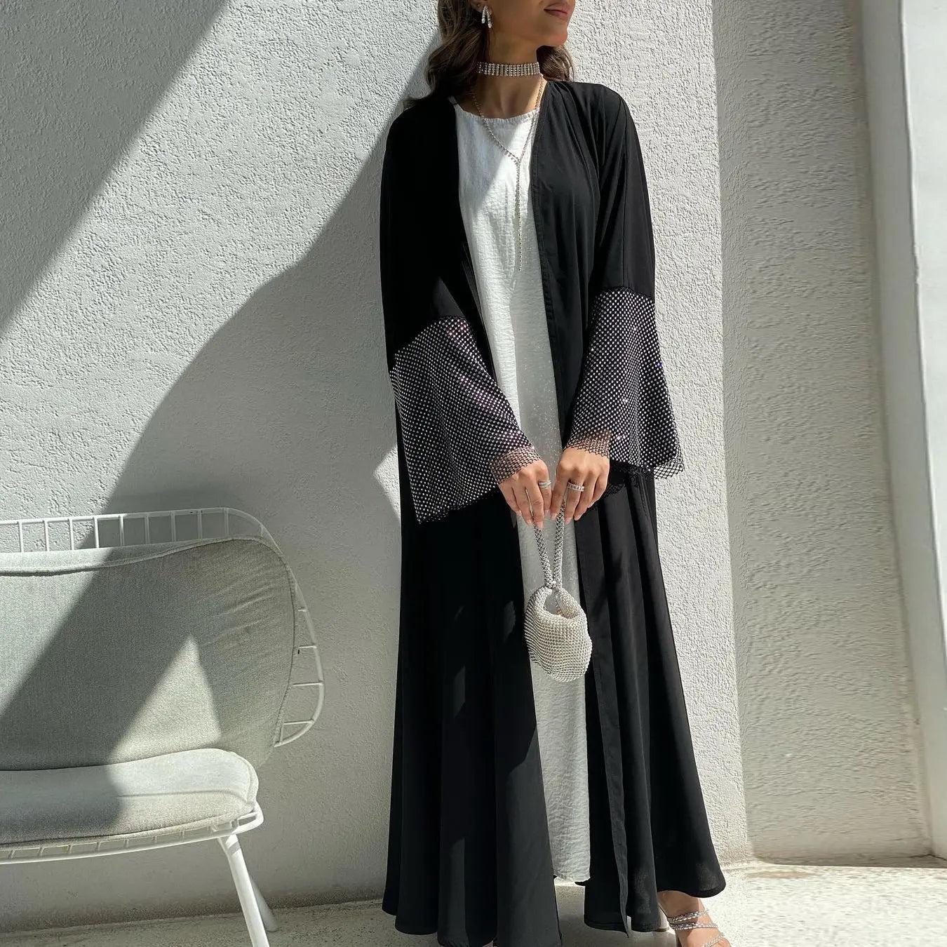 MQ085 Cardigan Abaya Muslim Cross-border Stretch Diamond Mesh Robe 