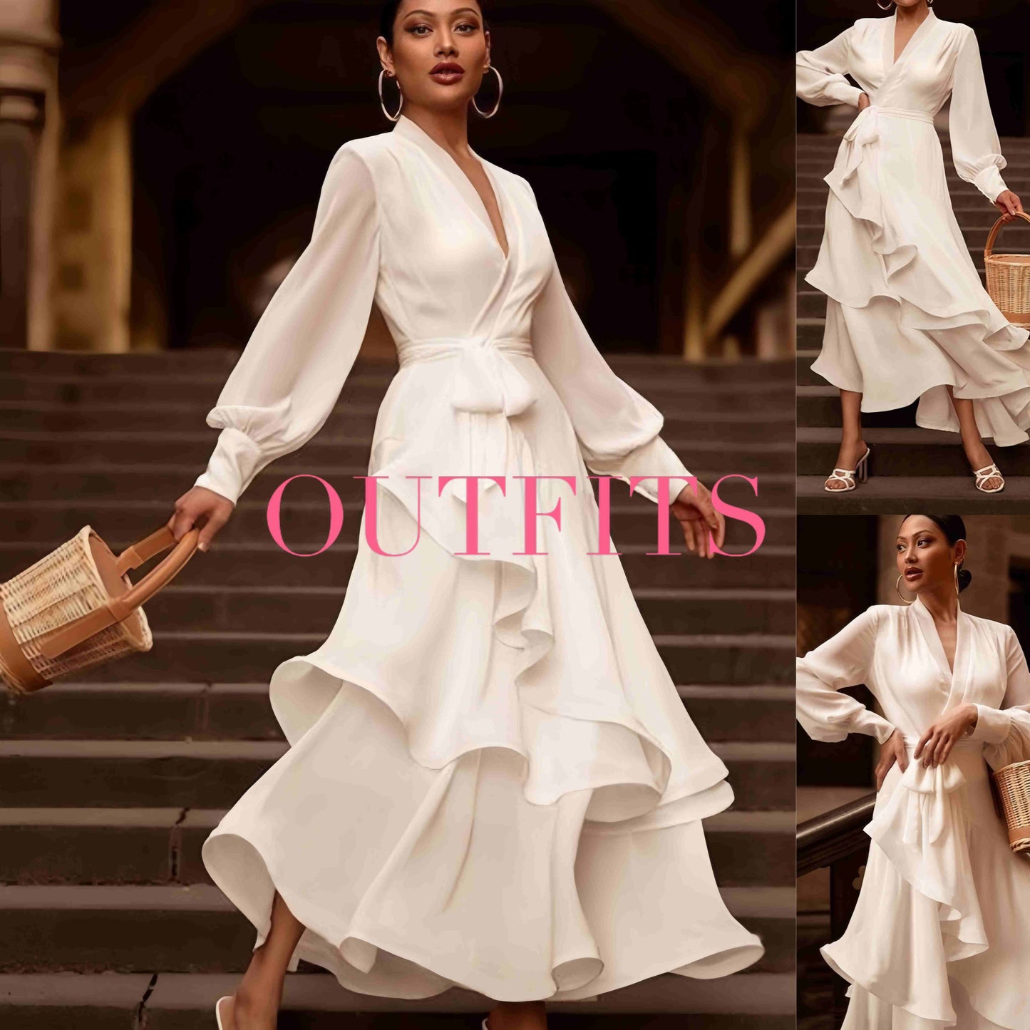 V-neck Prom Dress Long Sleeve Ruffles Long Prom Dress Elegant Dresses For Women White Satin Dress Layered Woman Clothes Casual 