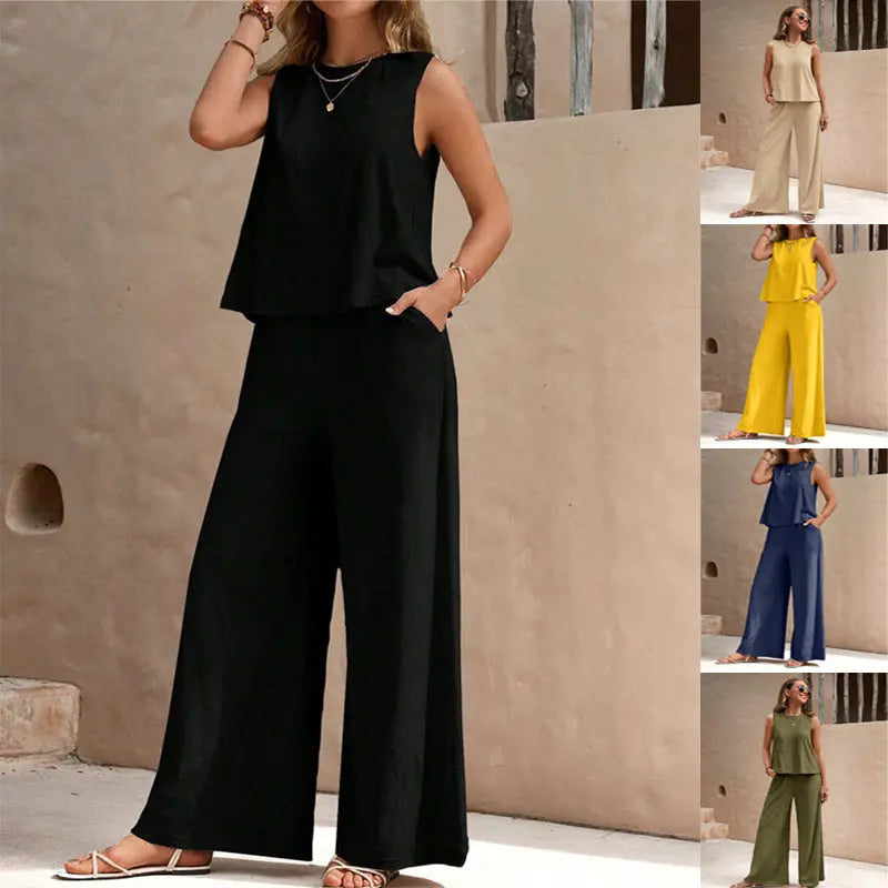 Summer Solid Color Casual Loose Pants & Suit Two Pieces Sets For Women 