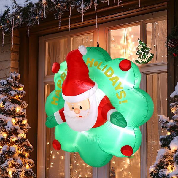 4ft Window Santa Claus Wreath, 5 LED Lights, Bundle Pocket Christmas Inflatable Decoration