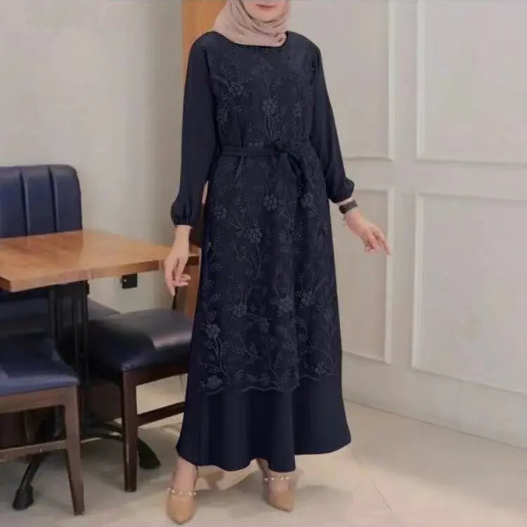 Muslim Round Neck Lace Floral Dress 