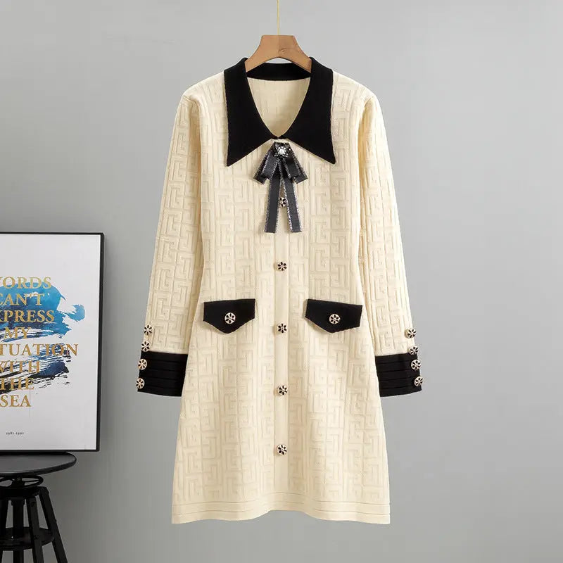 Ladies Bow Lapel Long Sleeve Knitted Dress 