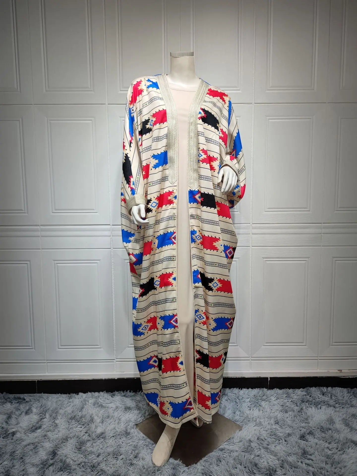 Striped Batwing Sleeve Muslim Vest Coat Two-piece Set Abaya Dress 
