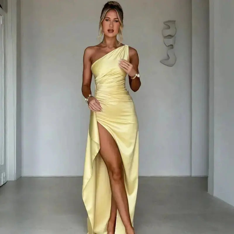 Sexy One-shoulder Backless Slit Dress Summer Elegant Slim-fit Solid Color Satin Dresses For Women 