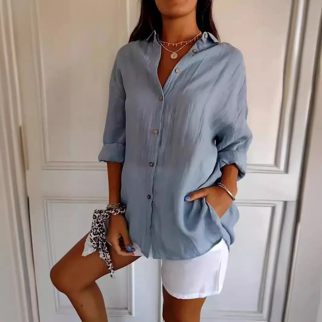 Lapel Long Sleeve Shirt Women's Single-breasted Pleated Shirt 