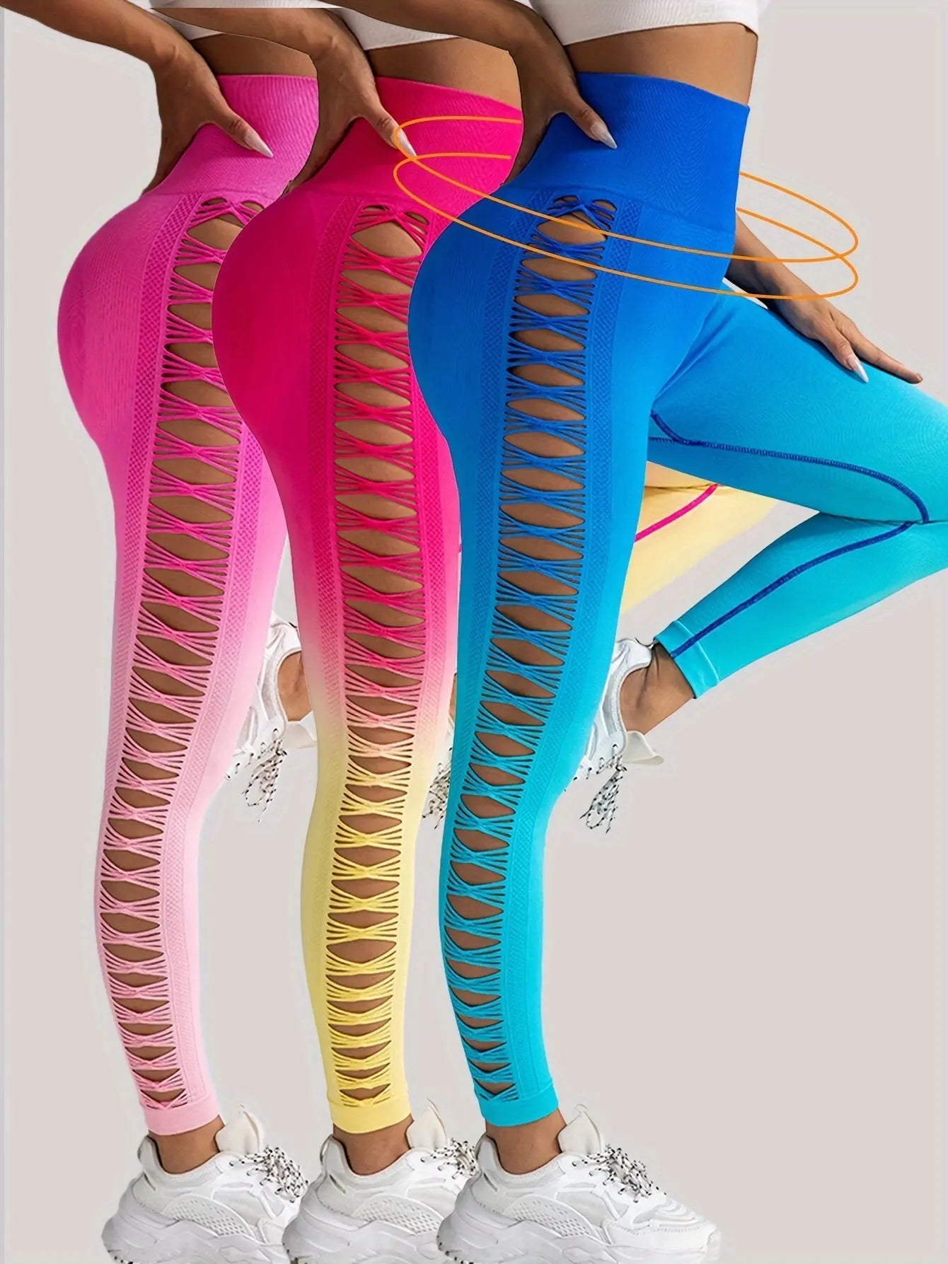 3 Pack Women's Gradient Color Butterfly Hollow High Waist Butt Lifting Long Fitness Pants 