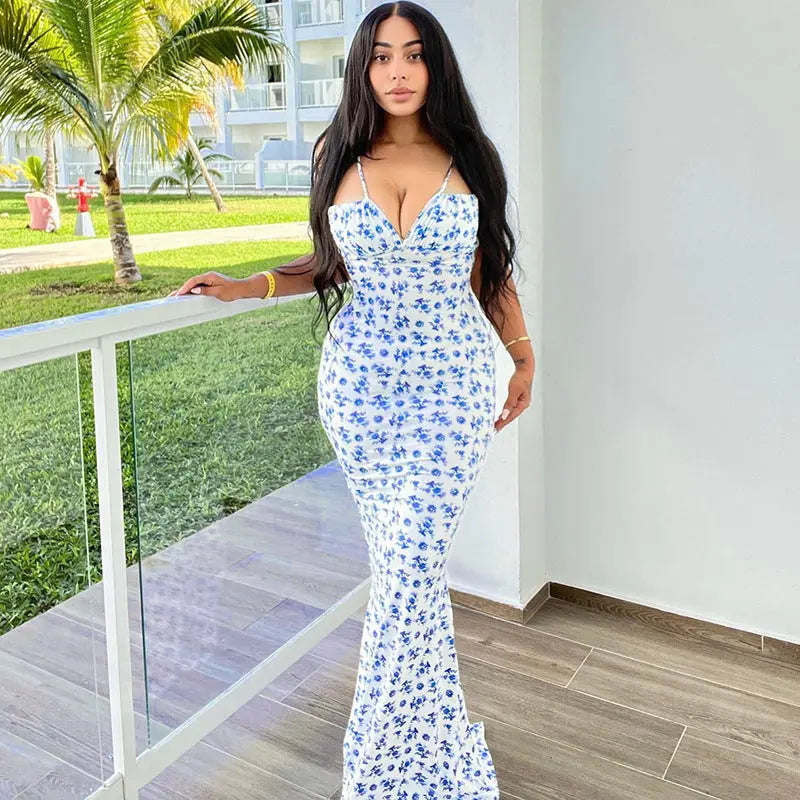 Fashion Flowers Print Suspender Long Dress Summer Lace-up Slim Backless Dresses For Women 