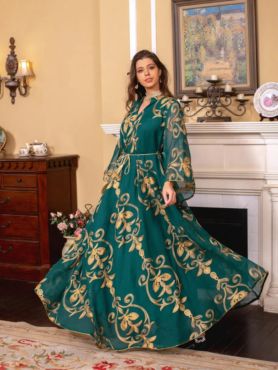 Arab Dubai Embroidered Mesh Dress European Muslim Party Dinner Fashion 