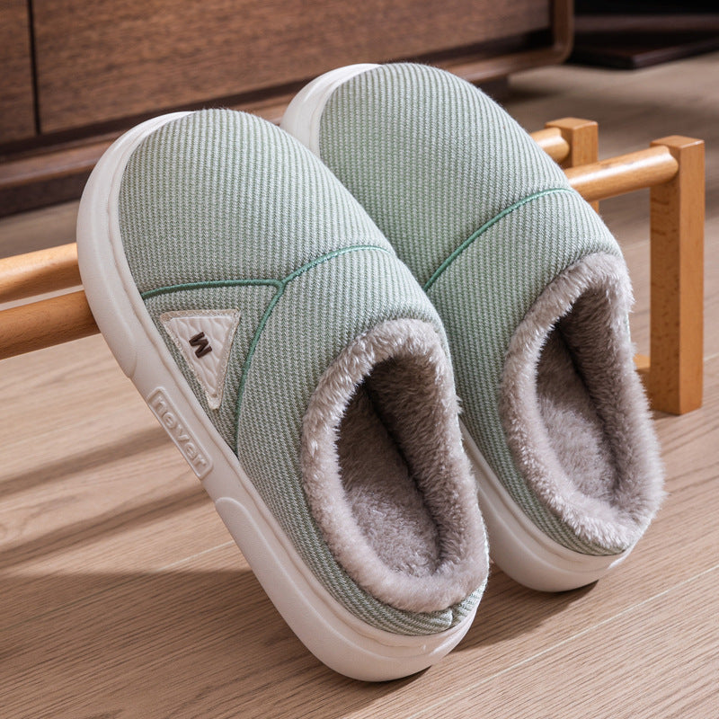 Solid Striped Home Slippers Winter Warm Fleece Shoes