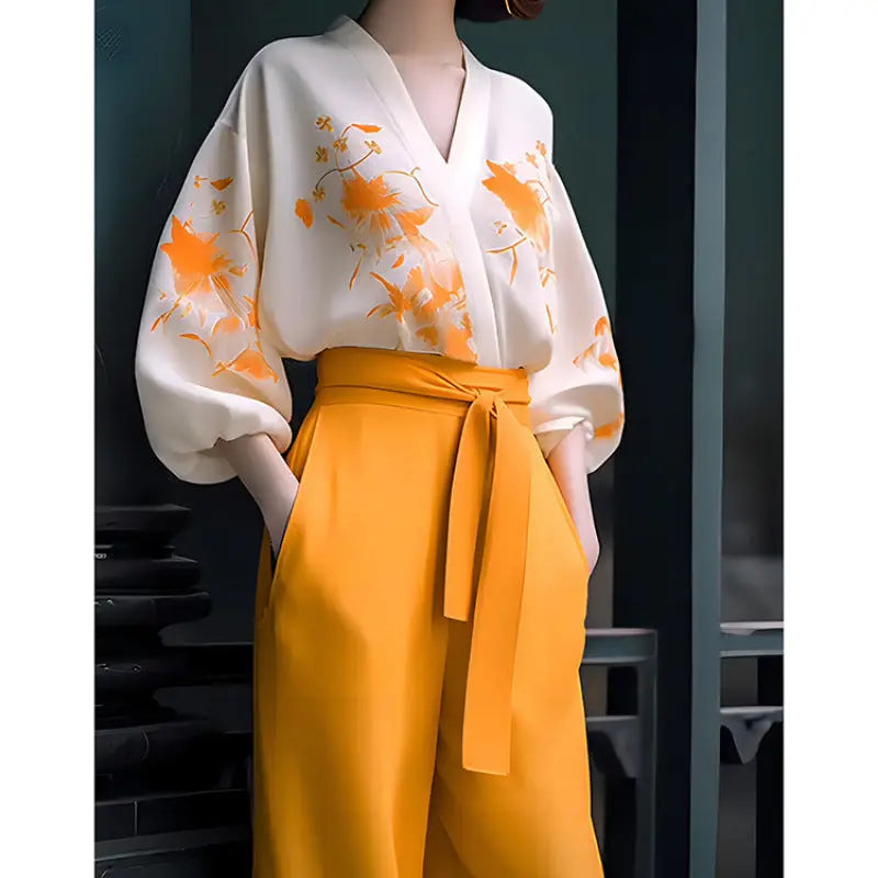 Fashionable Retro High-end Slimming Wear Flab Hiding Shirt Wide-leg Pants Suit Two-piece Set Women 